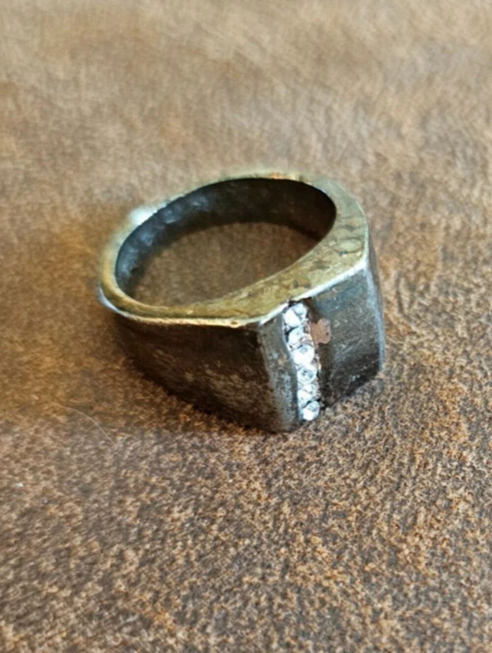 Vintage Sz 8 brutalist artisan ring  Silver Tone w/ Cubic Zirconia Stones